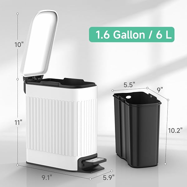 TIPGO SLIM BATHROOM TRASH CAN WITH LID SOFT CLOSE, STEP PEDAL, 6 LITER / 1.6 GALLON STAINLESS STEEL TRASH BIN, SMALL GARBAGE CANS FOR BEDROOM, OFFICE, KITCHEN (WHITE)