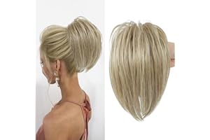YOLANFAIRY Messy Bun Hair Piece Claw Clip in Hair Buns Hair Piece for Women Straight Short High Ponytail Extension Tousled Updo Faux Hair Bun Scrunchies for Girls (Champagne Golden Mix Blonde)