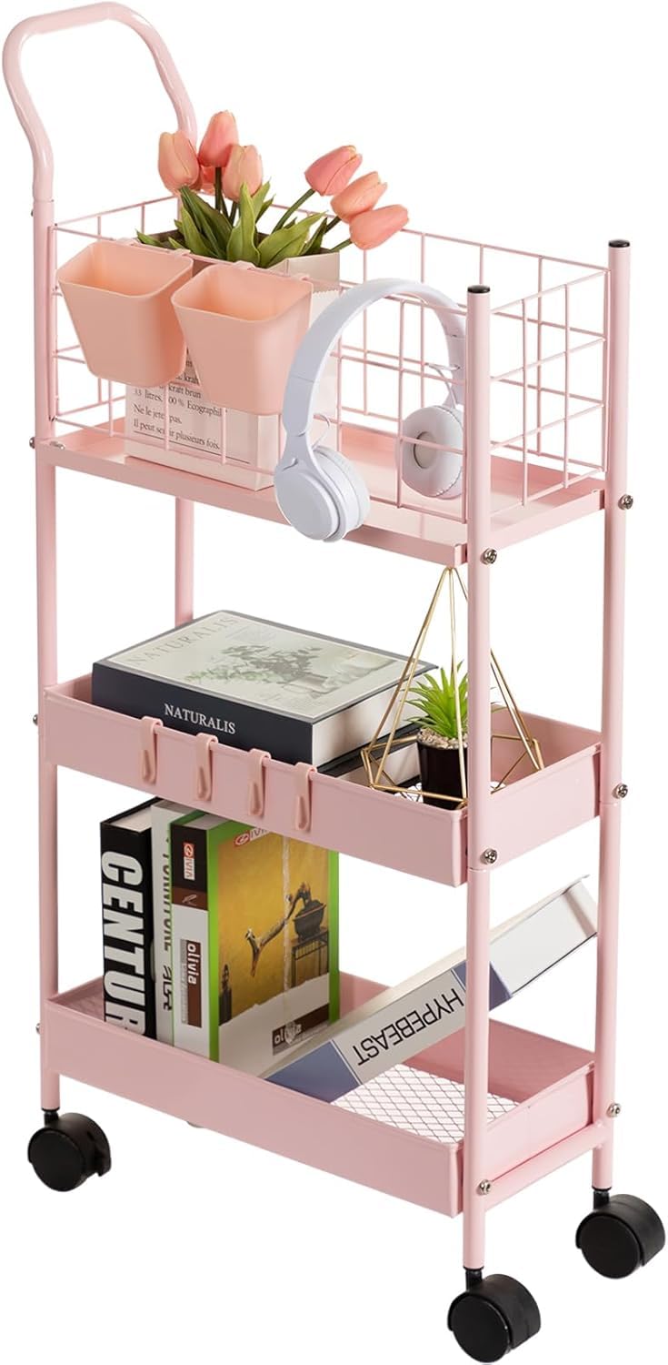Photo 1 of danpinera Slim Storage Cart, 3 Tier Metal Slim Rolling Cart with Handle, Hooks and Hanging Cups, Narrow Kitchen Carts with Wheels for Bathroom, Kitchen, Laundry Room, Office, Small Spaces, Pink