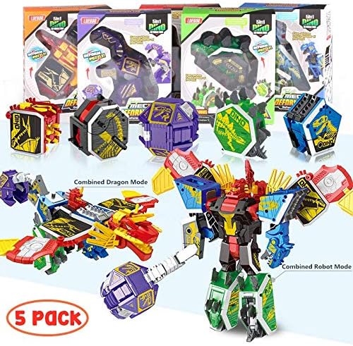 WEGame 5 Pack Dinosaur Model Combine into 1 Giant Robot - Brachiosaurus T-Rex Stegosaurus Raptor Pterosaur DIY Dinosaur Deformation Robot Toy Gift for Kids (Cartoon)