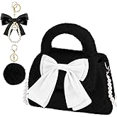 Abbylike 3 Pcs Bow Knot Furry Crossbody Purses with Fluffy Pom Pom Keychain and Pearl Bow Charm Cute Women Handbags