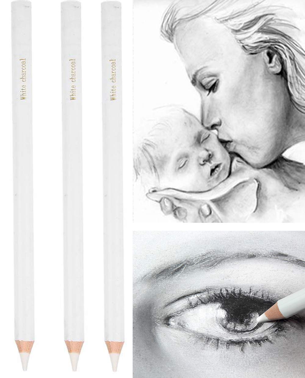 AIDIER 3 Pcs White Charcoal Pencils Set Highlight Charcoal Sticks White Chalk Pencils Professional Sketch Highlight Whites Pencil for Drawing Sketching Shading Blending