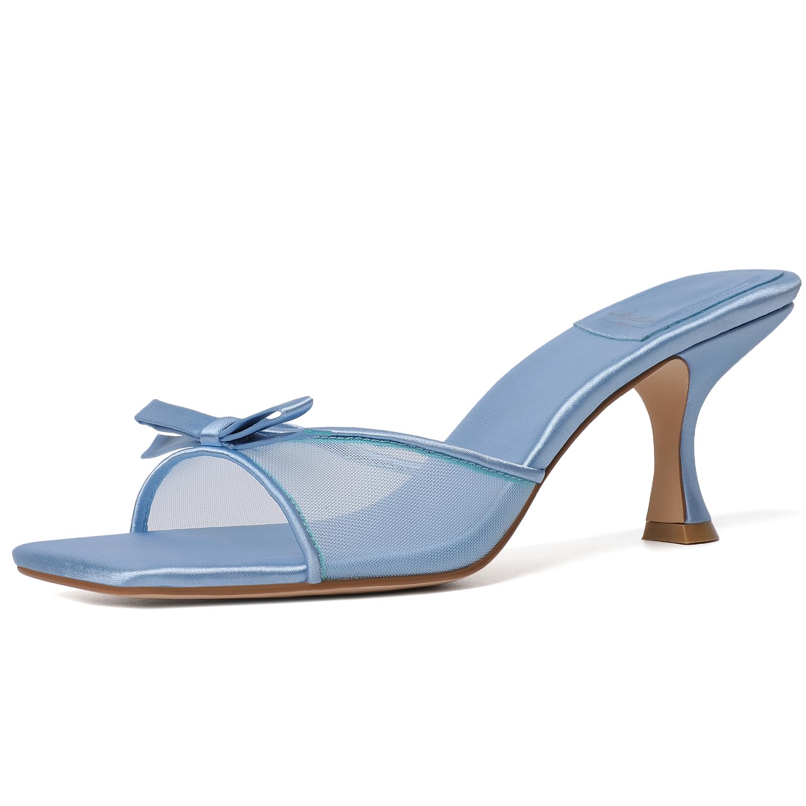 Photo 1 of Mostrin Blue Mesh Kitten Heels for Women Open Square Toe Mule Heeled Sandals With Bow Slip On Backless Dress Shoes for Wedding Party Holiday Size 8