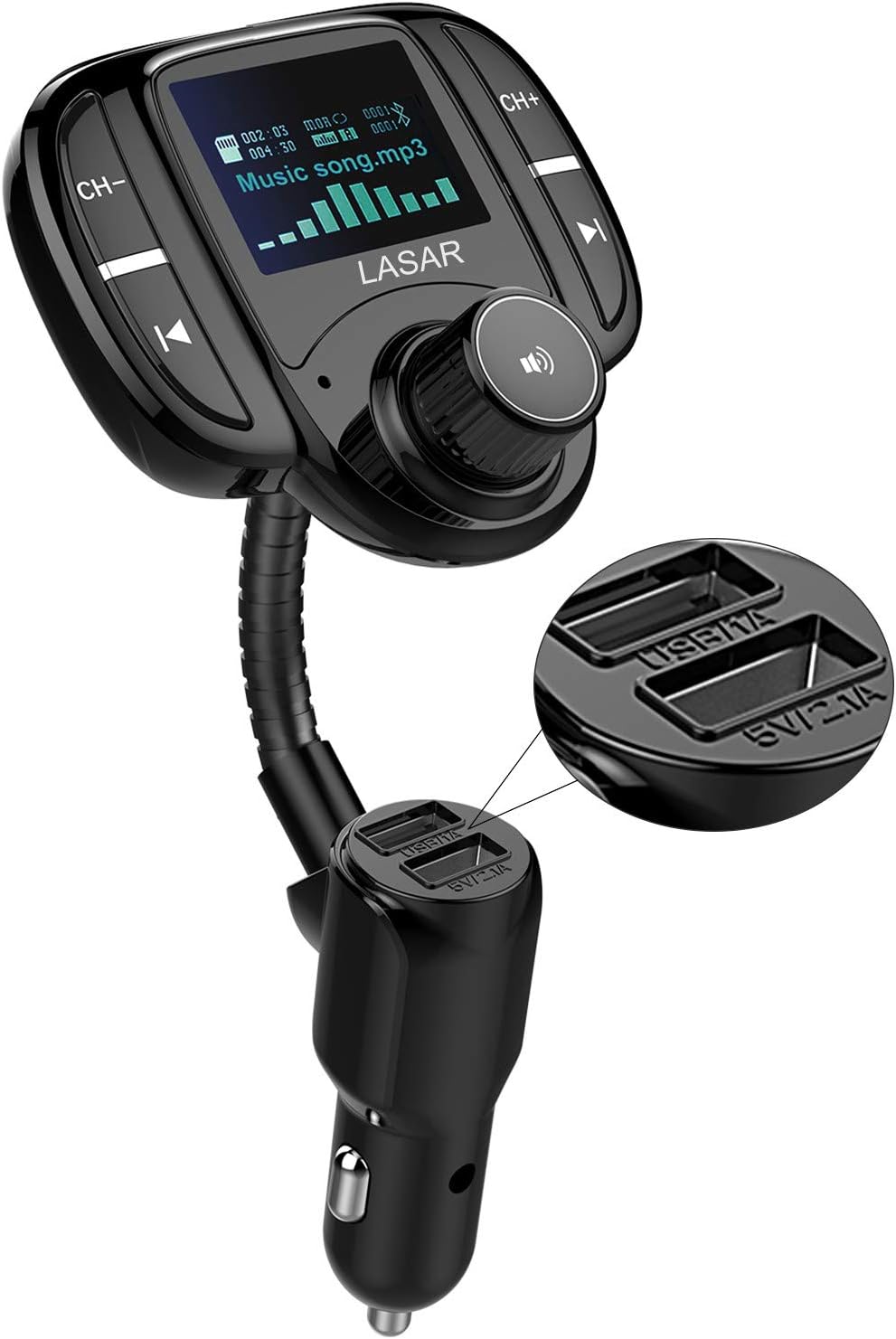 LASAR Bluetooth FM Transmitter,Wireless Radio Adapter Hands-Free Calling Car Kit QC3.0 and Smart Dual USB Port W 1.7" Display, Support USB Drive,AUX Input/Output, TF Card MP3 Player