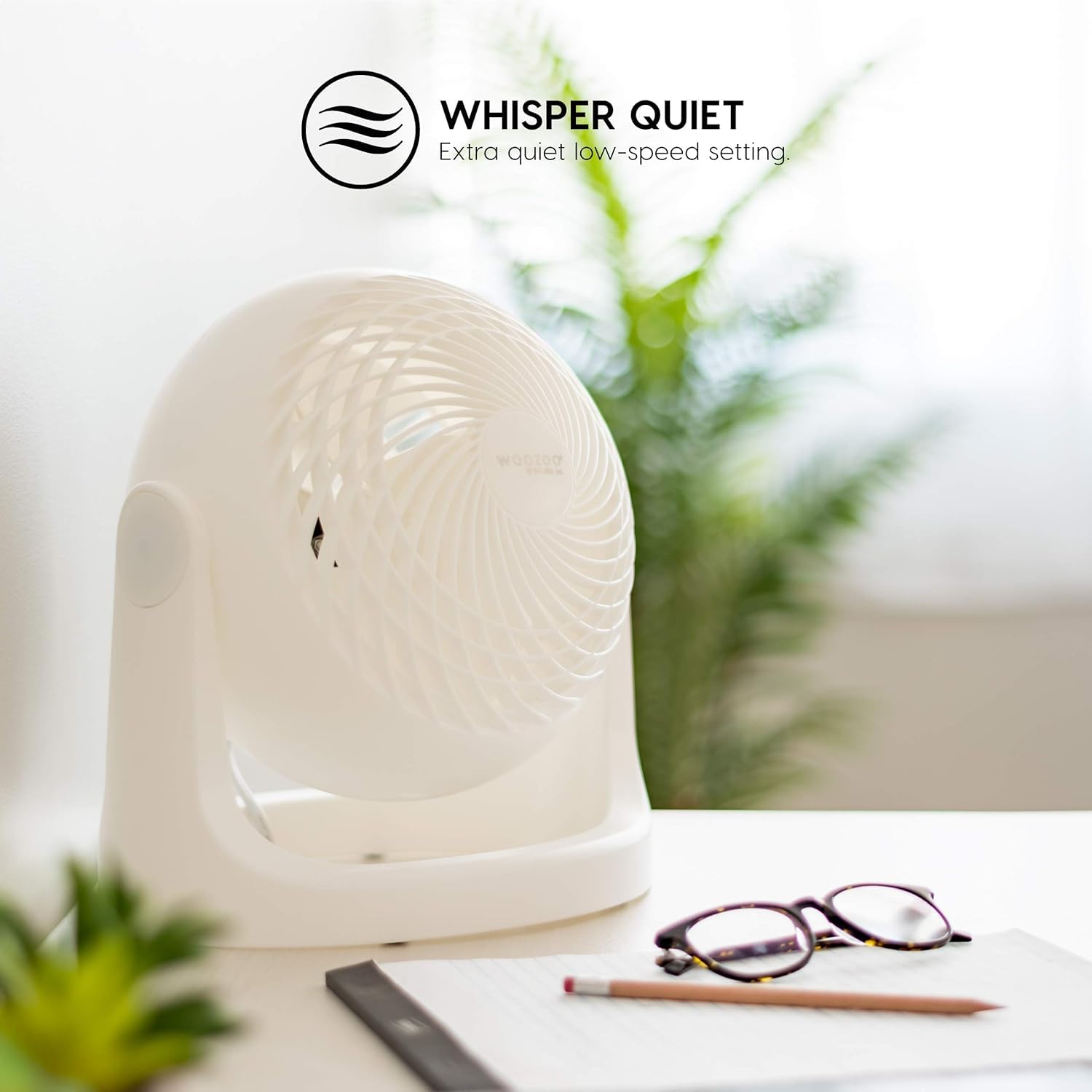 IRIS USA WOOZOO Desk Fan, Air Circulator, 3 Speeds, 52ft Max Air Distance, 360° Adjustable Tilt, 30 db Quiet Motor, Fan for Bedroom, Office, Dorm, Medium, White
