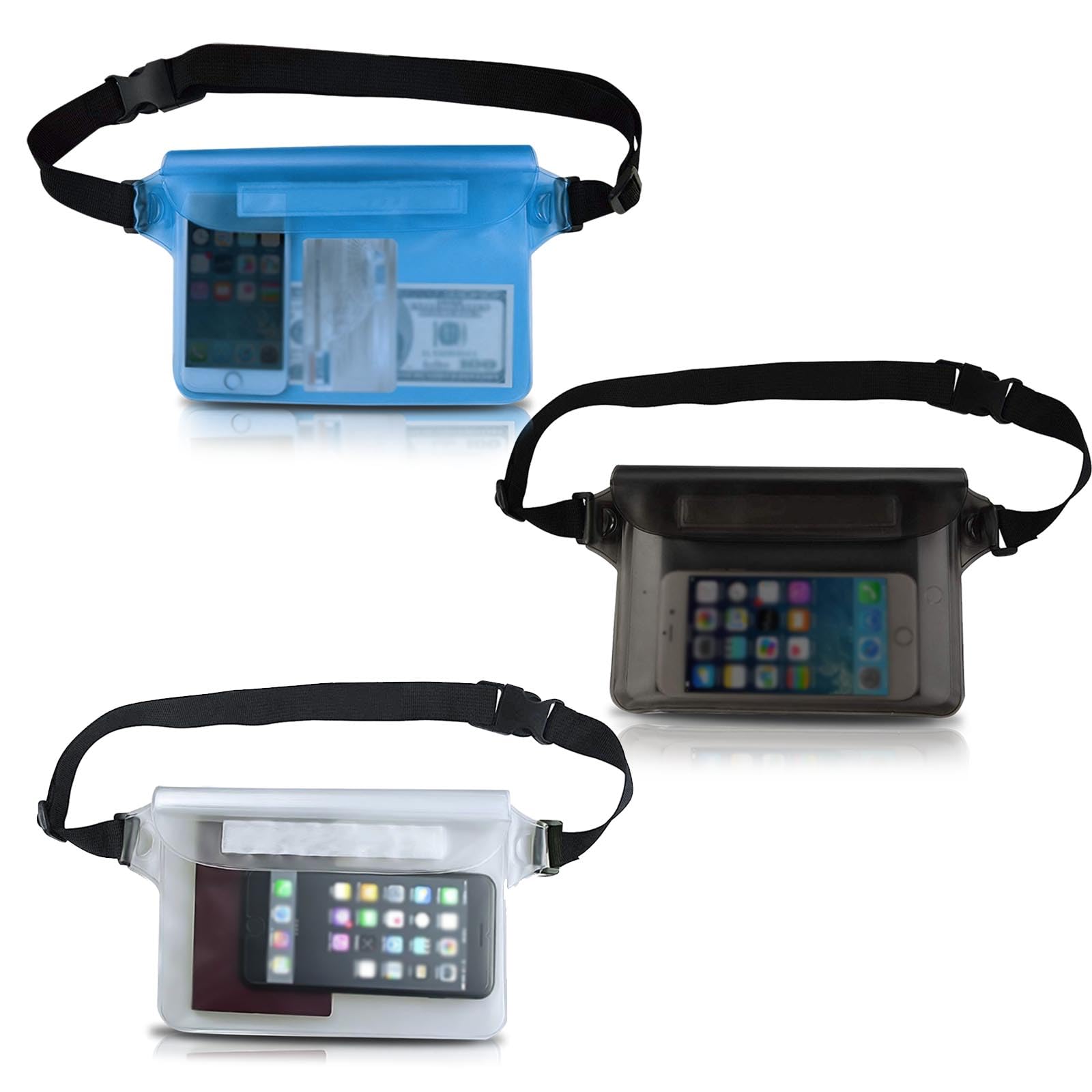 AYNKH 3 Pcs Waterproof Pouch Bag with Adjustable Waist Strap, Transparent Screen, Touchable for Protecting Your Phone and Valuables in Beach, Swimming, Boating, Fishing, Hiking