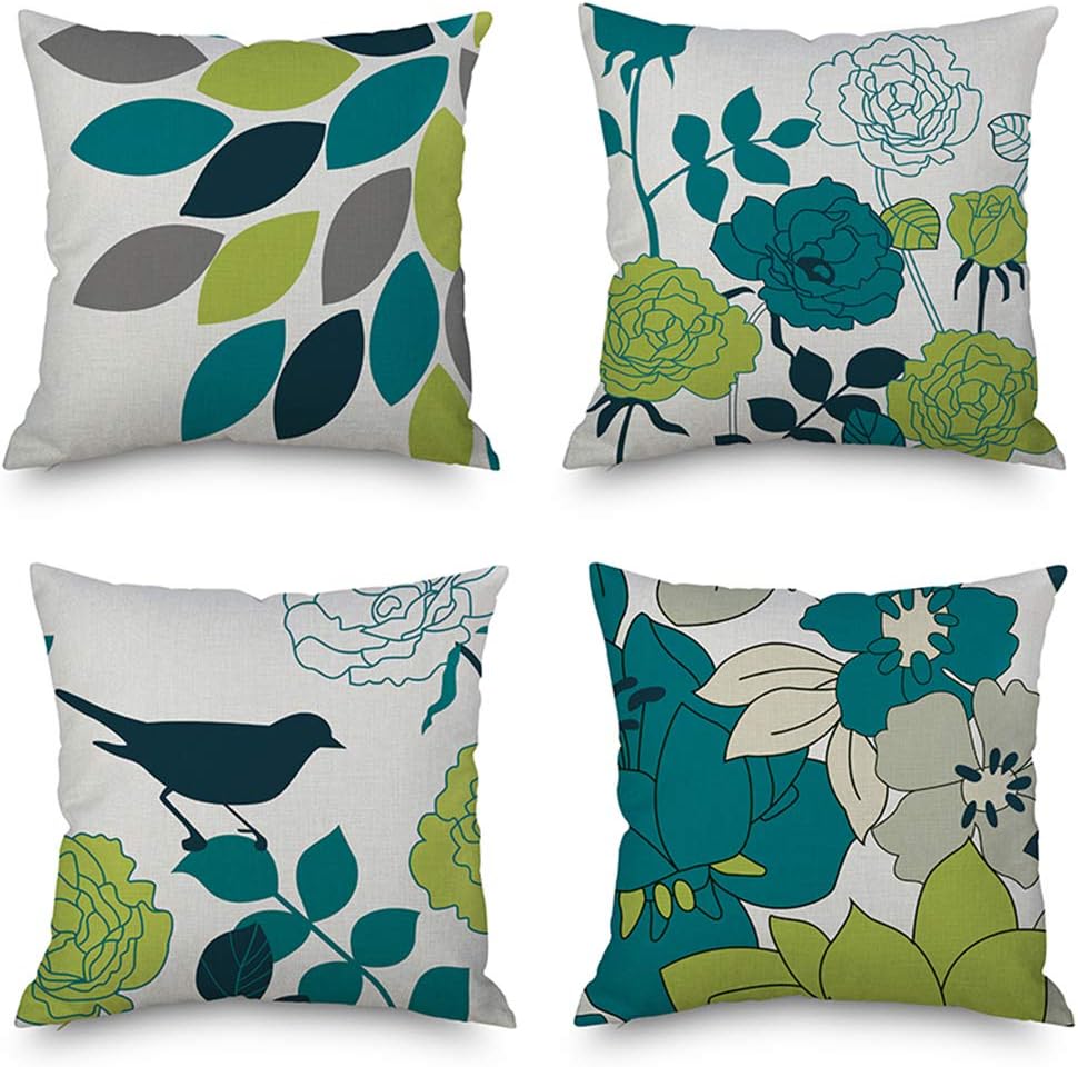 HEYHOUSENNY Decorative Throw Pillow Covers,4 Packs Cotton Linen Square Throw Pillow for Chair, Deco Indoor,18 x 18 inches (Green Flower, Bird)