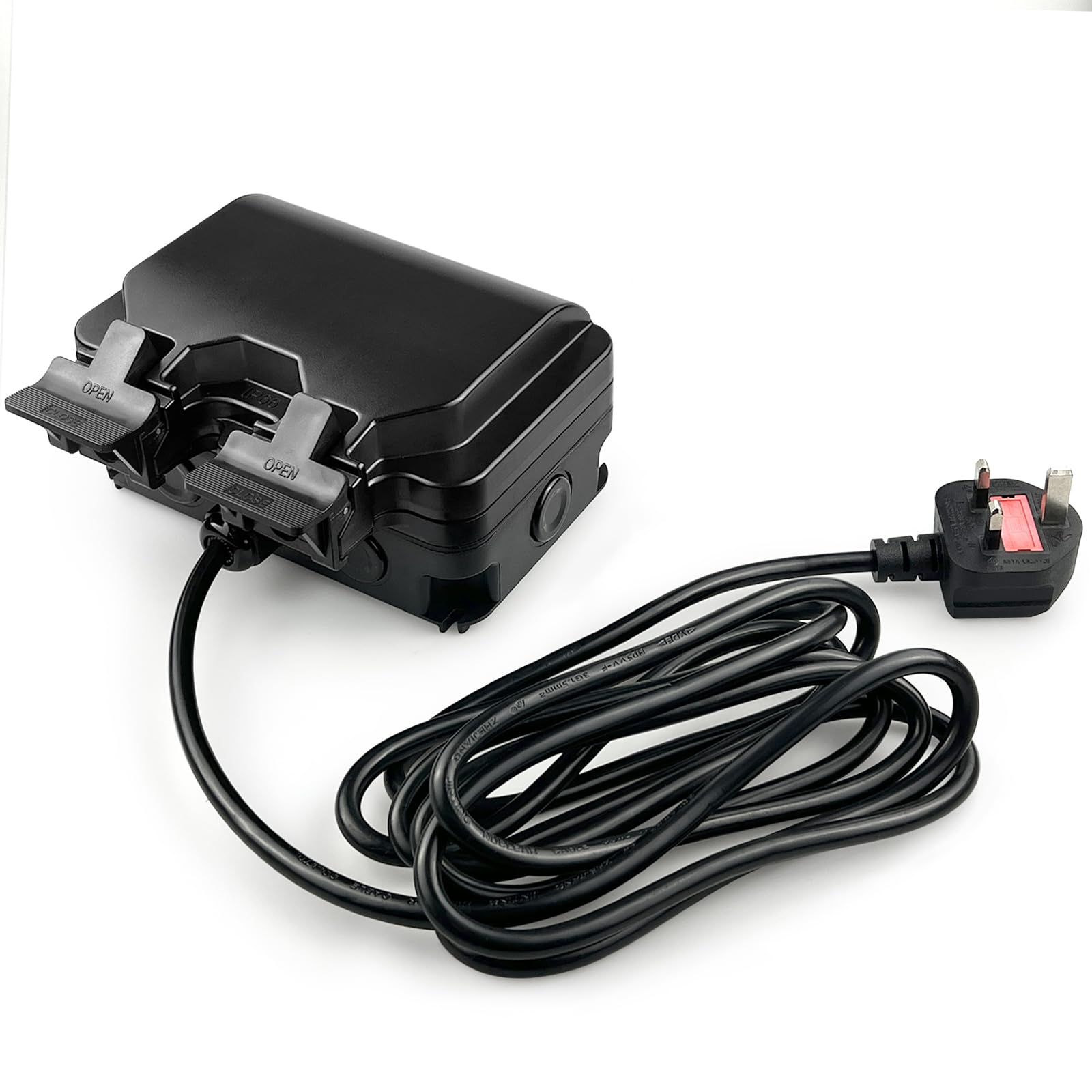 Outdoor Extension Lead Waterproof 3m External Plug Sockets IP66 2 Gang Black 13A Outside Fused Wall Switched Weatherproof 2 Way Double Power Garden Electrical Socket Cover Box with 3m Extension Cable