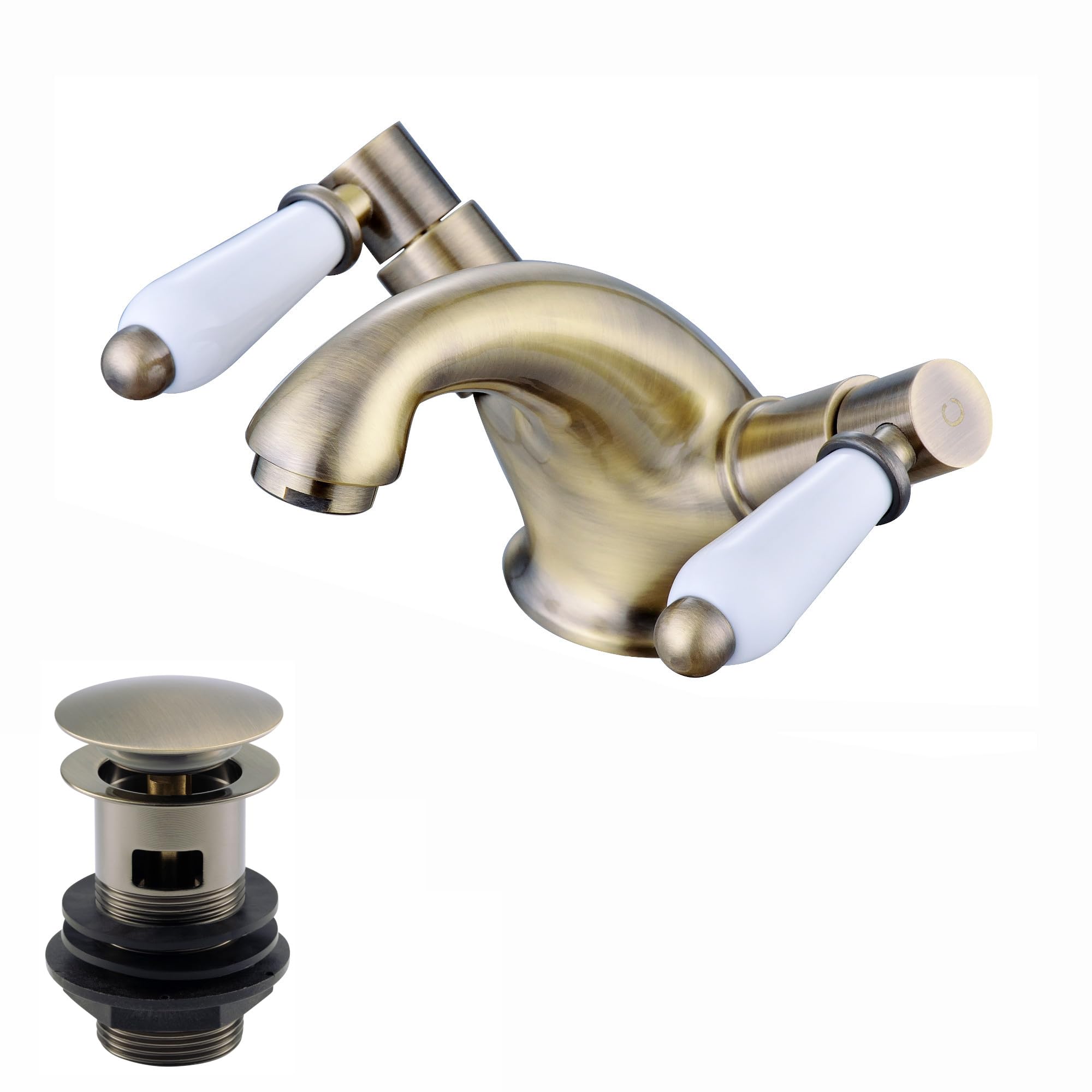 ENKI, Downton, BBT0239 Basin Mixer Tap with White Ceramic Levers Slotted Waste Antique Brass