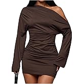 GORGLITTER Women's Off The Shoulder Cocktail Bodycon Mini Dresses Dinner Ruched Long Sleeve Party Pencil Birthday Dress
