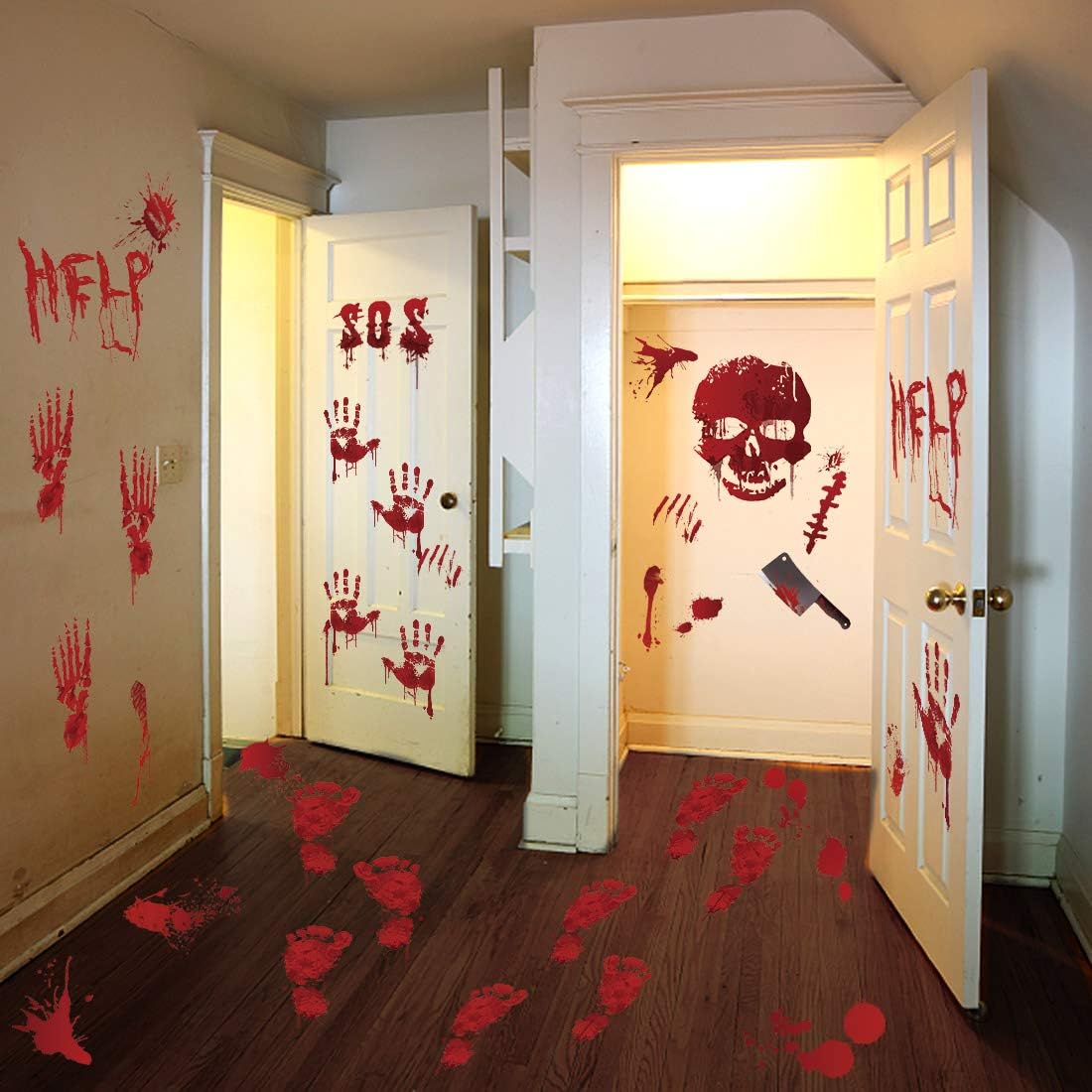 Window Treatments - 119 PCS Bloody Halloween Decorations Halloween Bloody Handprint Footprints Knife Stickers Window Wall Floor Clings Decals Horror Bathroom Zombie Party Decorations Supplies