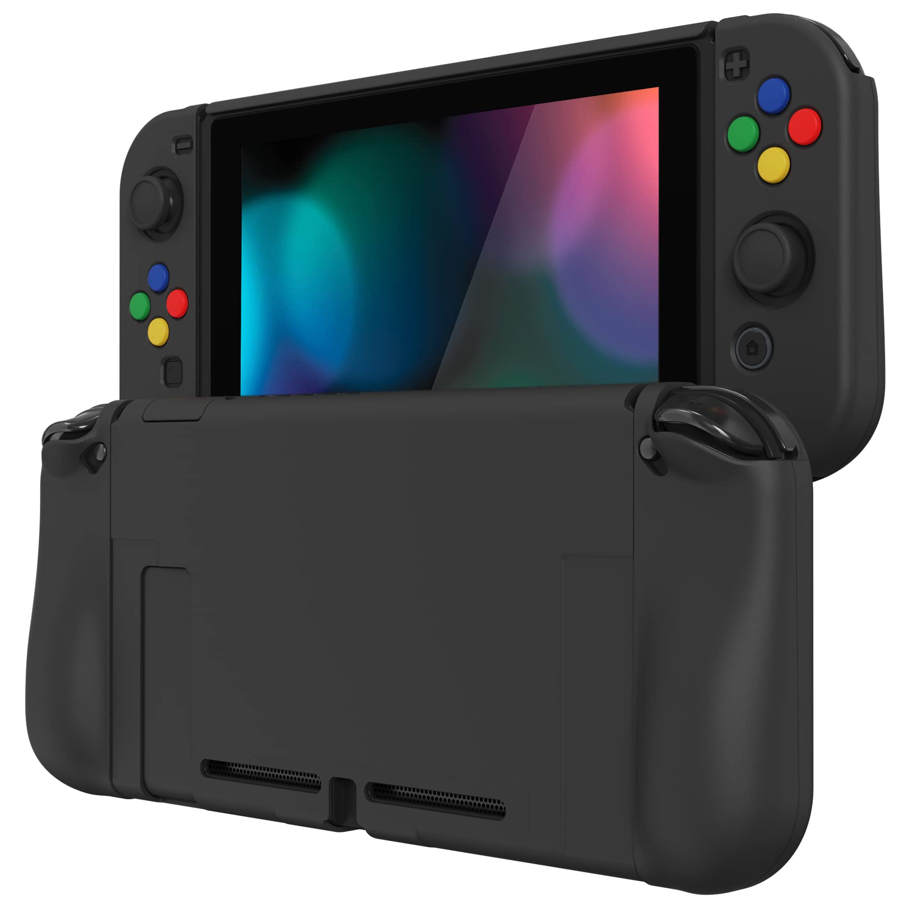 PlayVital AlterGrips Ergonomic Grips Cover for Nintendo Switch, [2 Design] Interchangeable Comfort Dockable Protective Case with Screen Protector & Thumb Grip Buttons Caps - Black