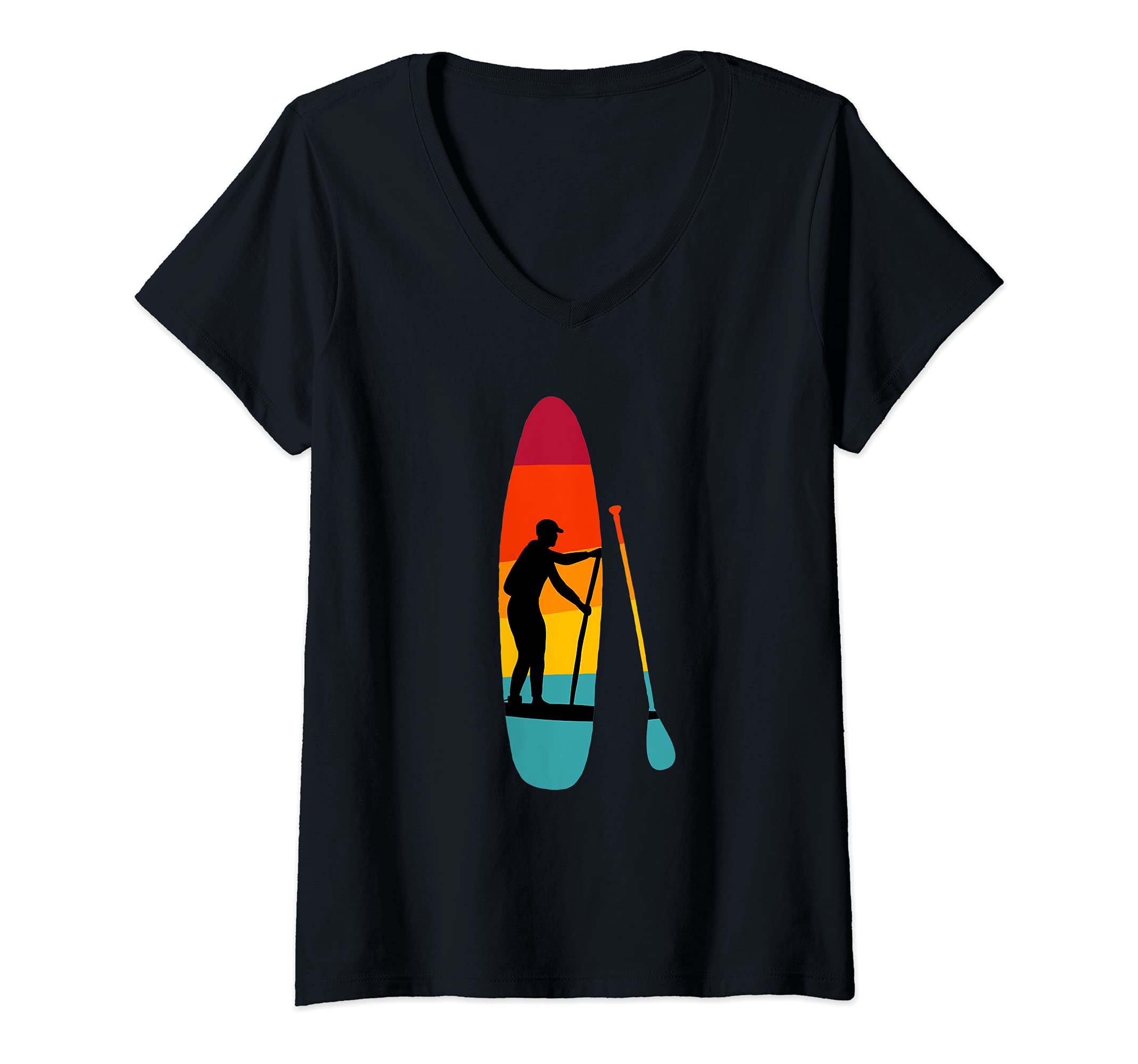 Womens Stand Up Paddleboard SUP Sunset Colors Graphic V-Neck T-Shirt