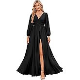 YMeiPaodw Women's Long Sleeve Bridesmaid Dresses with Slit V Neck Chiffon Ruched Formal Wedding Guest Party Dresses
