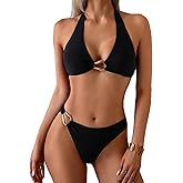 Fanuerg Women's Halter V Neck Bikini Sets Ring Linked Two Piece Swimsuit Cheeky Swim Bathing Suit 2025