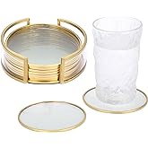 JUXYES Set of 8 Glass Round Coasters with Holder, Golden Brass Coasters for Drinks Glass Cup Coaster Set Modern Coaster Cups Mats Decor for Restaurant Kitchen Bar Dining Table