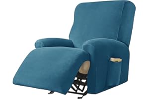 PENDEJATO Stretch Recliner Covers, 4-Piece Ultra Soft Velvet Recliner Chair Slipcover Single Seat Couch Cover Furniture Protector with Pocket (Peacock Blue)