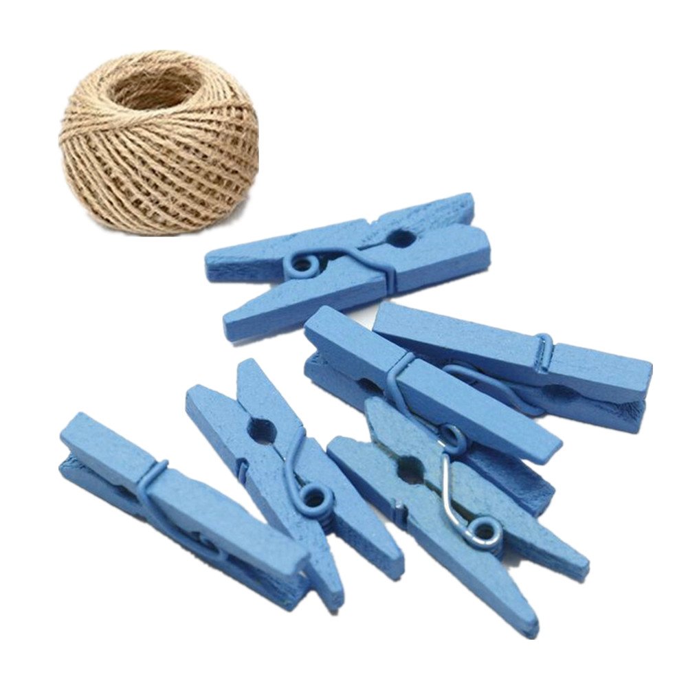 100 Colored Wooden Mini Pegs Clothespins Craft Photo Clips with 20 meters Jute Twine for Craft Rustic Decoration (Skyblue)