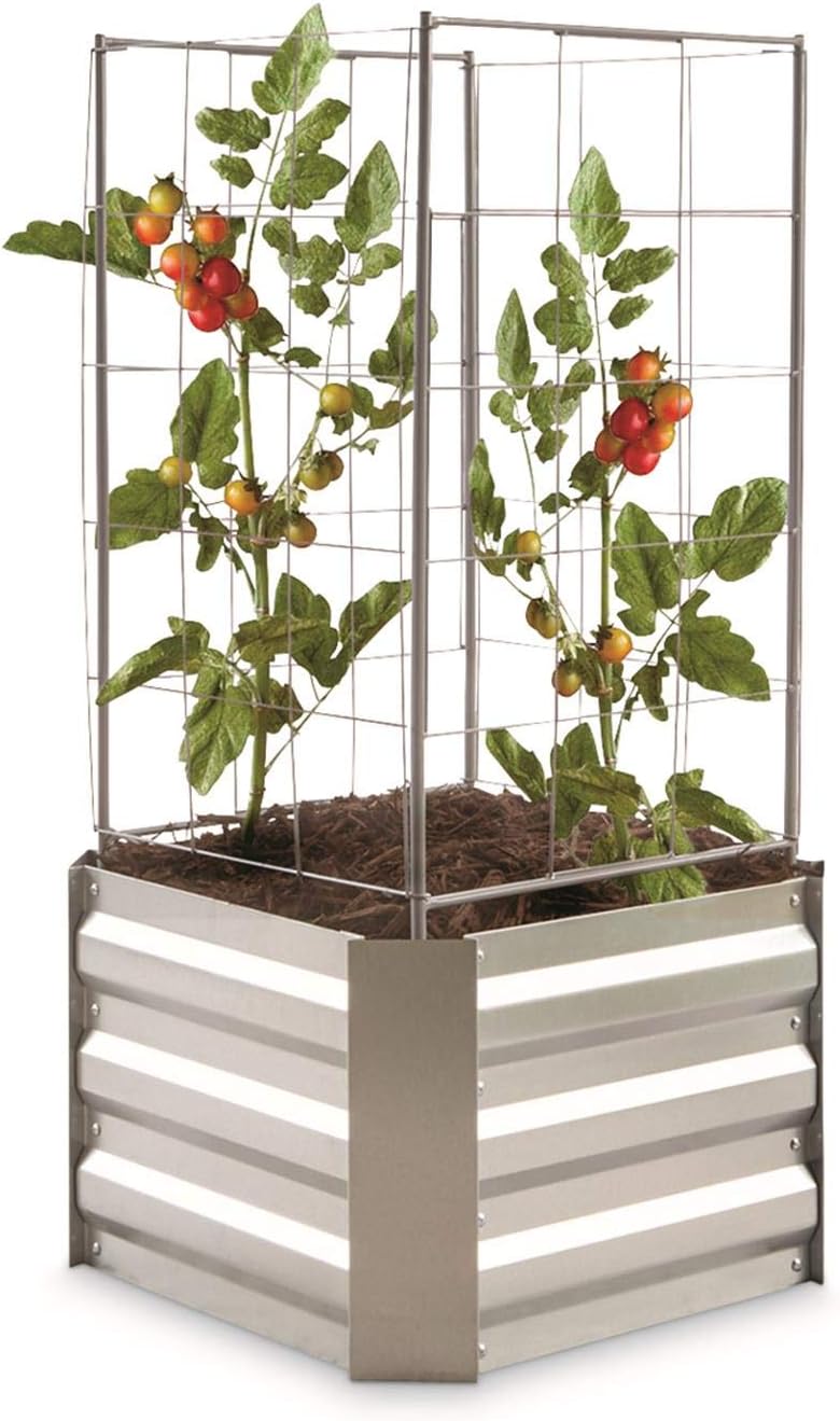 CASTLECREEK Metal Garden Planter Box with Trellis, Outdoor, Galvanized Steel, Raised, Small Square