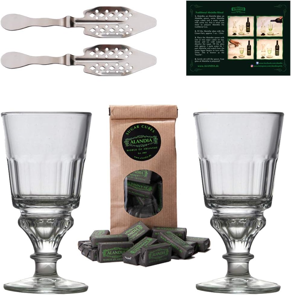 Original Absinthe Accessory Set 2x Absinthe Glasses / 2x Absinthe Spoons / 1x Absinthe Sugar Cubes + Manual how to prepare Absinthe the traditional way -