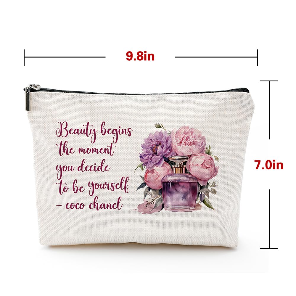 Coco Chanel Quotes Makeup Bag Fashion Gift for Girls Beauty Flower Fragrance Begins The Moment You Decide to Be Yourself - Waterproof Linen Toiletry Bag for
