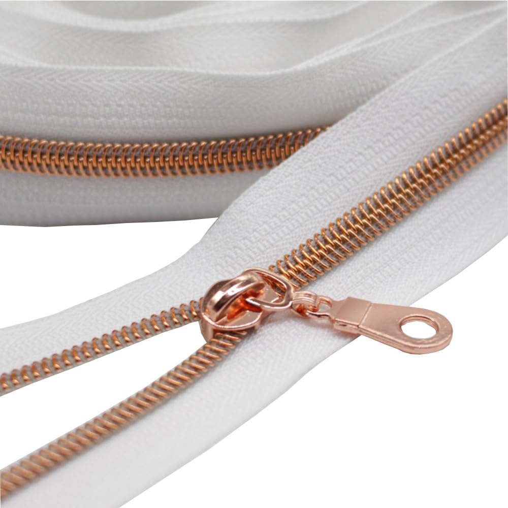 YaHoGa #5 Rose Gold Metallic Nylon Coil Zippers Continuous Zipper White Tape (9 Meters + 25pcs Sliders) for Sewing Tailor DIY Craft Bag (Rose Gold White)