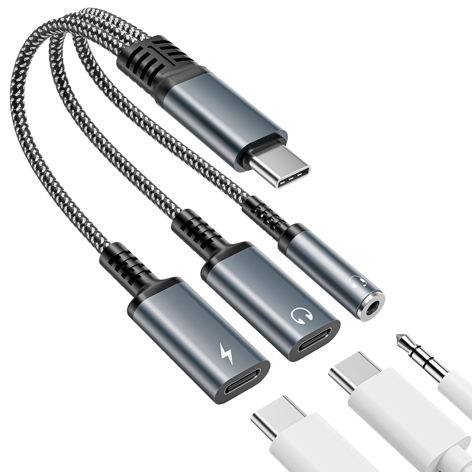 3-in-1 USB-C to 3.5mm Headphone and Charger Adapter, Dual Type-C Aux Splitter Dongle with PD Fast Charging, Compatible with iPhone 15/16/17 Pro/Max/Plus, iPad, Samsung Galaxy S23/S24 Ultra