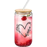 Fenmshairy Nana Rose Glass Cup with Lid & Straws 16 Oz - Cute Drinking Glass Tumbler for Iced Coffee, Smoothie, Cocktail, Beer, Whiskey & Soda - Birthday Christmas Gift for Women, Grandma, Mimi, Gigi