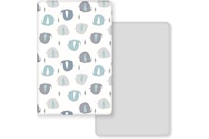 GRSSDER Stretchy Ultra Soft Jersey Knit Fitted Pack n Play Sheets Set 2 Pack, Portable/Mini Cribs Playards Sheets with Deep Pocket, Cute Elephant for Girls and Boys