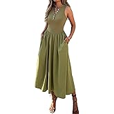 Evzeiem Women's Summer Casual Dresses Sleeveless Knitted V Neck Sundress Drop Waist A Line Long Maxi Dress with Pockets
