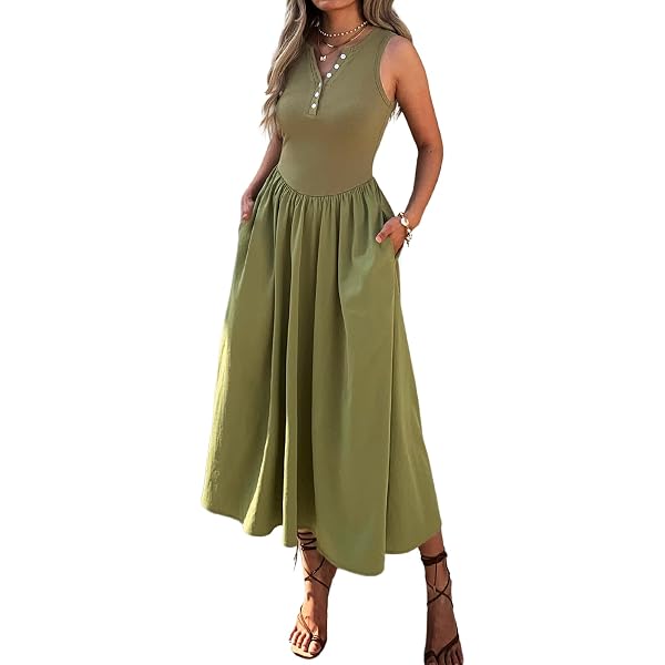 Mieazom Women's Maxi Dress Summer Sleeveless Swing Sundress Casual Loose  Tank Long Dresses with Pockets Army Green XL at Amazon Women's Clothing  store