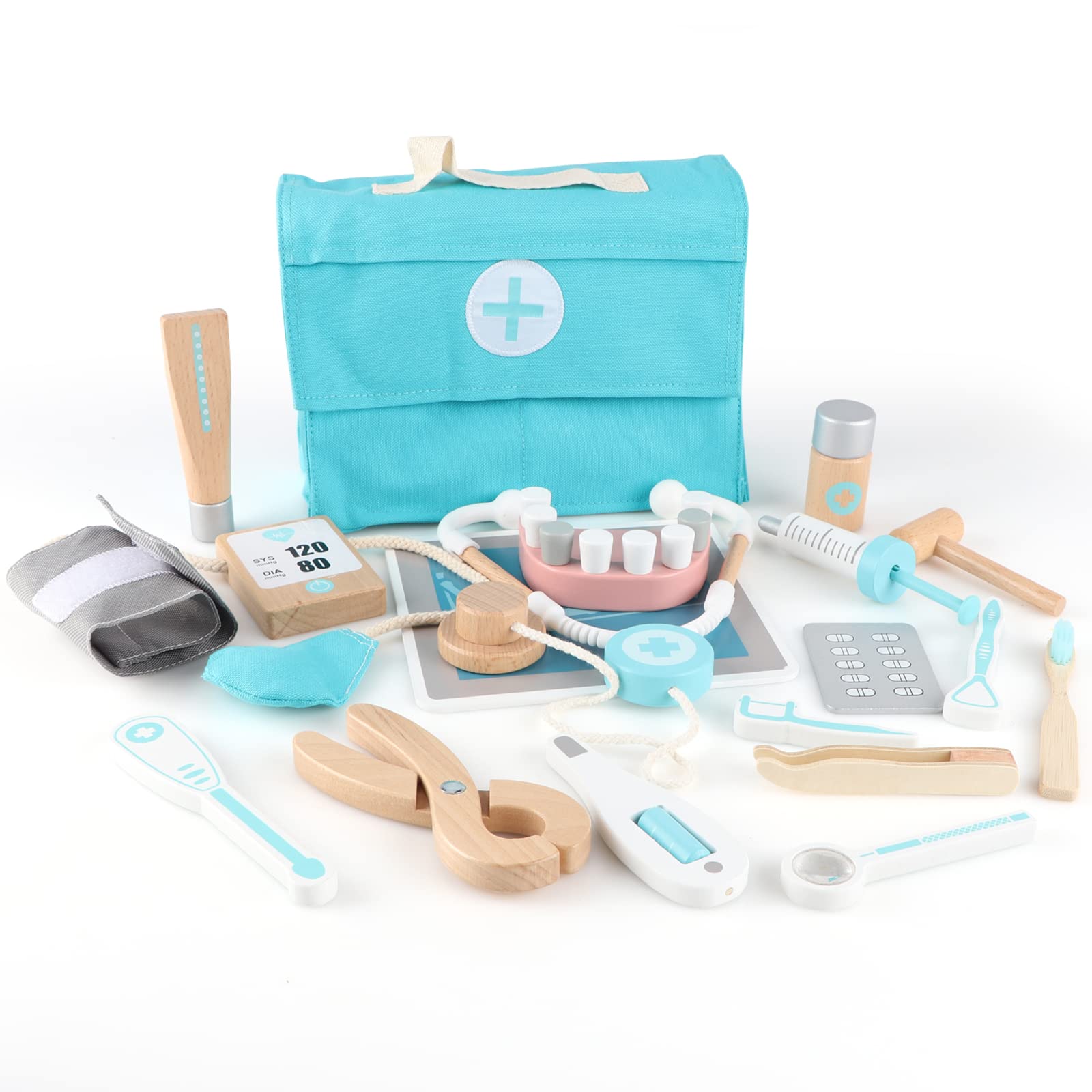 Jacootoys Wooden Doctors Set 18Pcs Dentist Play Carry Case Kids Pretend Role Play Medical Toys for Children Boys Girls 3 +