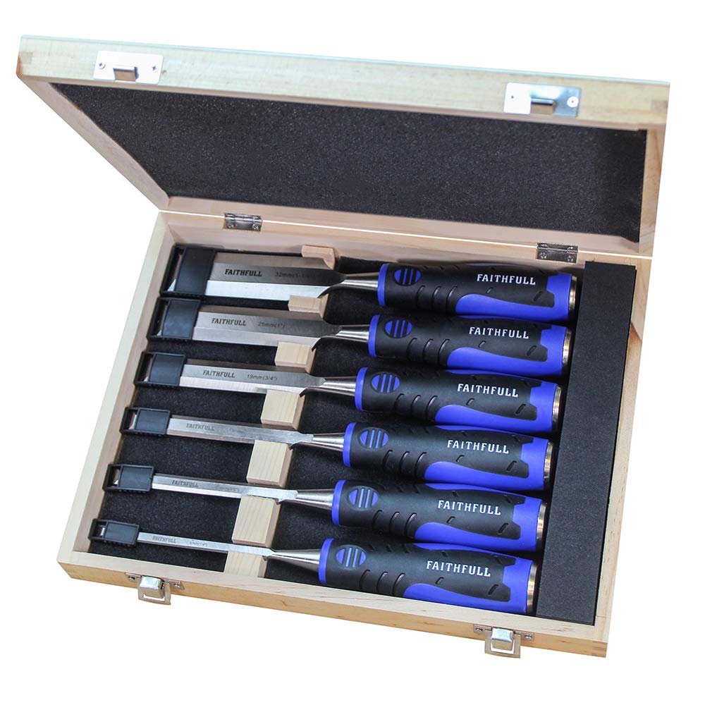 Faithfull FAIWCSGS6WB Soft-Grip Bevel Edge Chisel Set of 6 in Wooden Case