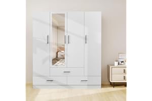Sophshelter Armoire Wardrobe Closet, Wardrobe Closet with 3 Drawers and 4 Doors, Wardrobe Cabinet with Hanging Rod for Bedroom, White 63''Wx18.9''Dx70.8''H