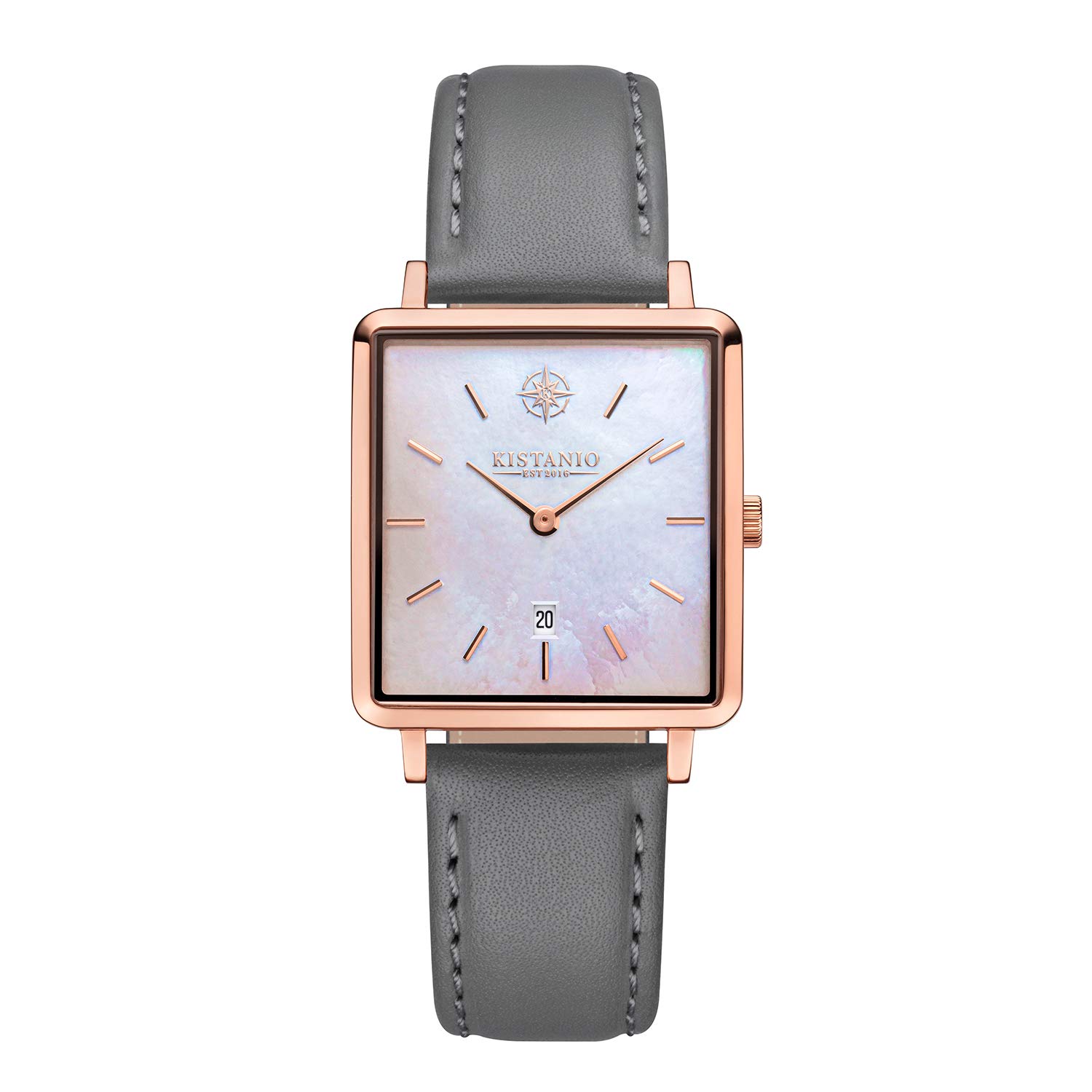 Kistanio Carré Women's Watch with Leather Strap Date Stainless Steel Rose Mother of Pearl Sapphire Glass RG-PM-L-GR