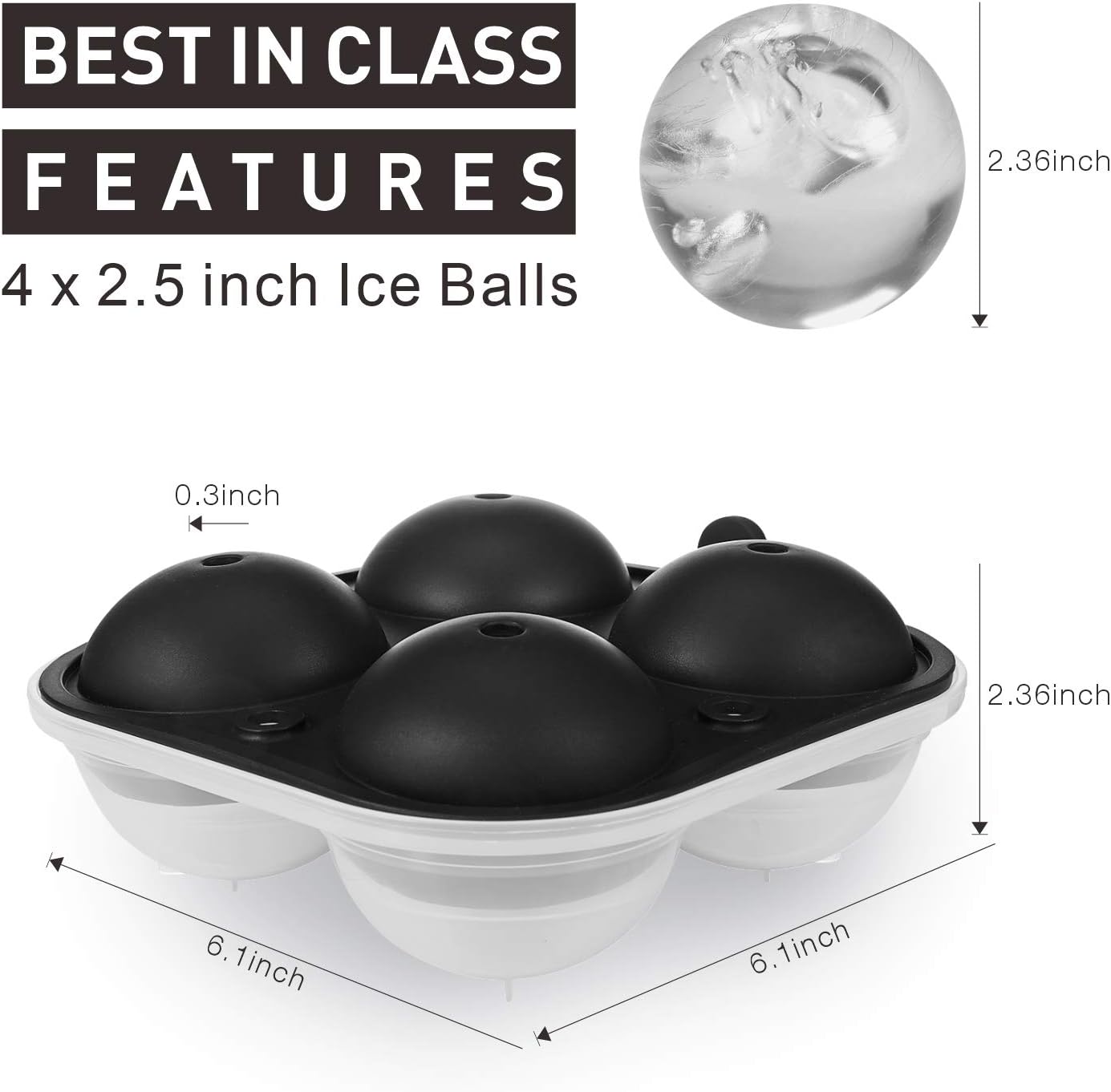 Adoric Large Sphere Mold Silicone Ice Cube Trays for Whisky 2.5 Inch Ice Ball Mold Sphere Round Ice Ball Maker, Black: Kitchen & Dining