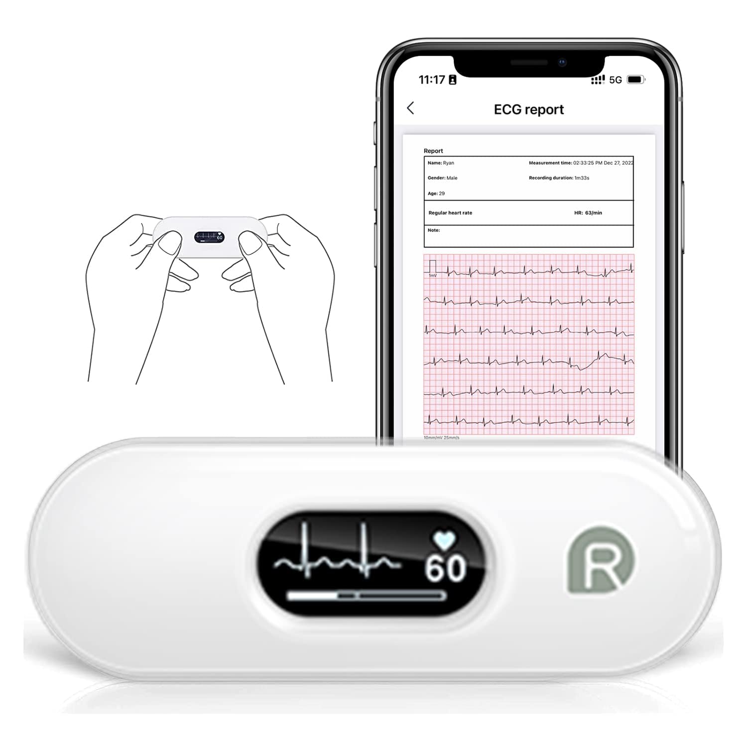 CheckMe DuoEK-S Mobiles EKG Gerät, Wireless Bluetooth EKG Messgerät mit Analysebericht, 0,96 Zoll OLED-Bildschirm, 30s - 5 mins, Herzfrequenzmonitor, APP für iOS/Android