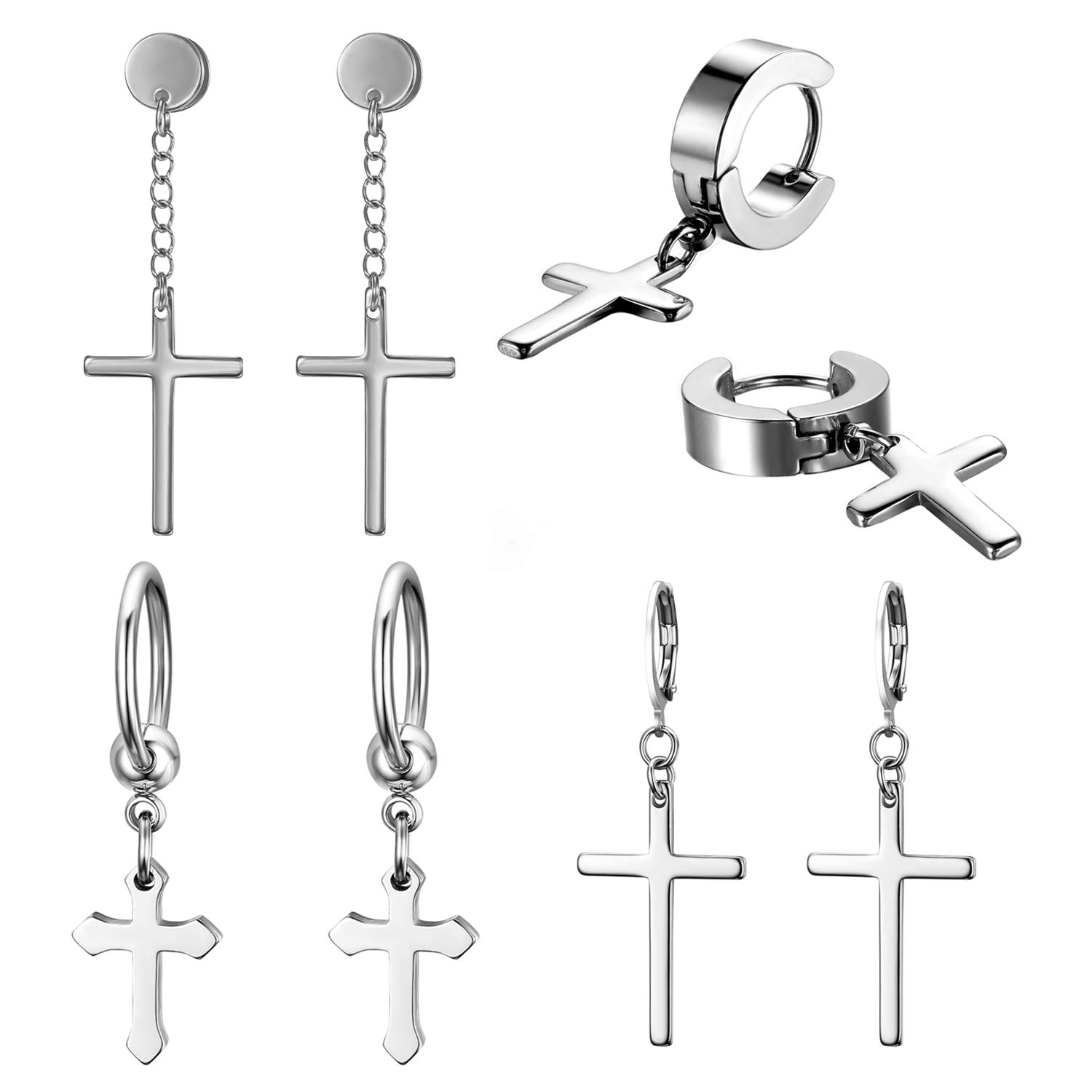 JewelryWe 4 Pairs Cross Earrings,Stainless Steel Hinged Hoop Cross Dangling Stud Earrings for Men Women(Silver) — image 1