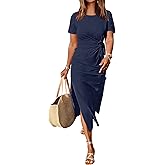 ANRABESS Women's 2026 Summer Maxi Tshirt Dress Short Sleeve Crewneck Tie Waist Casual Slim Fit Slit Spring Long Beach Dresses