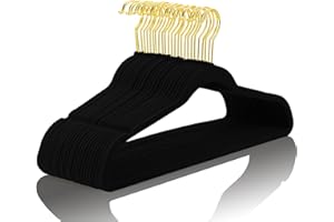 MIZGI Premium Velvet Hangers Pack 50 Pcs Heavyduty - Non Slip Slimline - Velvet Suit Hangers Black - Gold Hooks,Space Saving Clothes