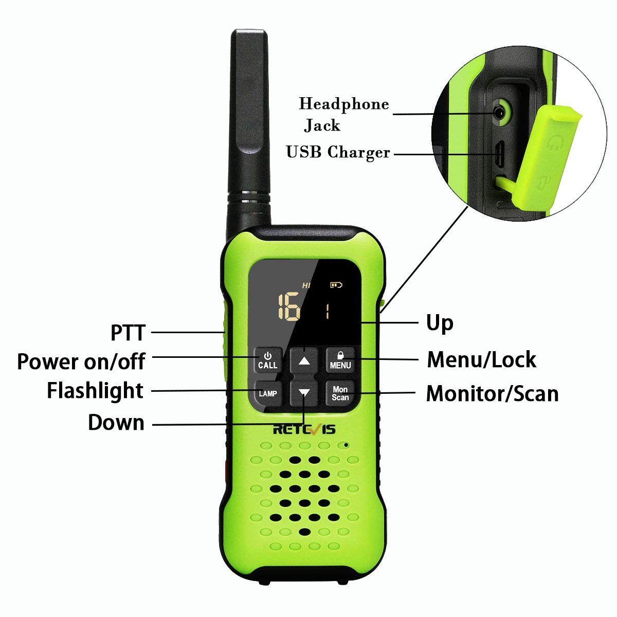 Retevis RT649P Walkie Talkie Wiederaufladbar, Wasserdichter IP67-Schwimmer, PMR 446, 16 Kanäle Lizenzfrei, LED-Taschenlampe, CTCSS/DCS VOX, Walkie Talkie-Headset (2 Paar, Grün) 5