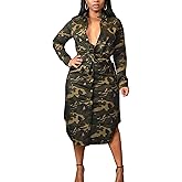 Baczoe Green Camo Jacket Jean Dress for Women Sexy Long Sleeve Button Stretchy Wrap Midi Dresses with Pockets Belts S-3XL