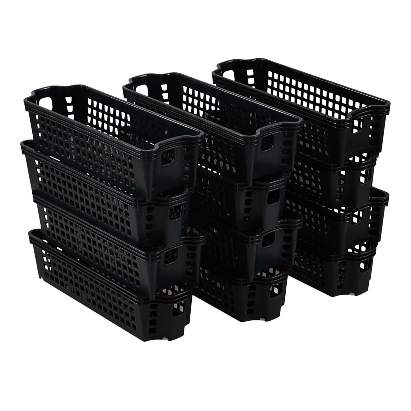 Nihenok 12 Packs Plastic Slim Baskets, Pencil Pen Organiser Baskets, Stackable Narrow Storage Bin for Classroom, Kitchen, Bathroom, Home Studio, Black