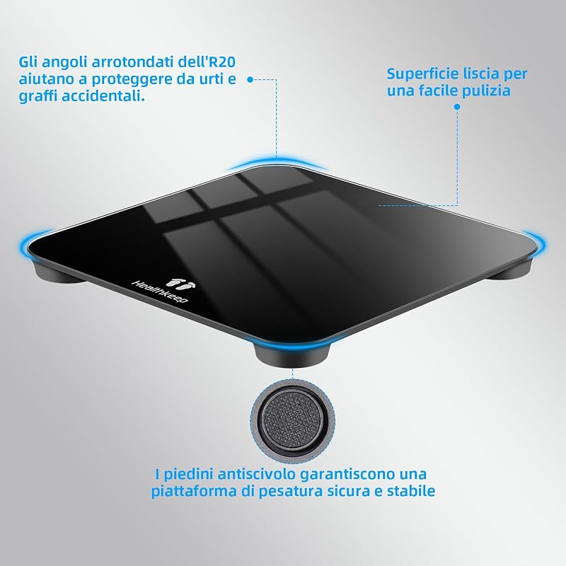 Bilancia pesapersone con sensori ad alta precisione, bilancia digitale per persone con tecnica step-on, bilancia pesapeso in vetro di sicurezza, nero