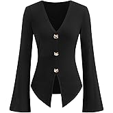 CIDER Women Ribbed Knit V Neck Top Long Sleeve Button Down Blouse