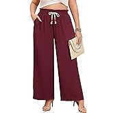 Lastshe Plus Size Wide Leg Pants for Women Elastic High Waisted Drawstring Loose Lounge Long Palazzo Trousers with Pockets