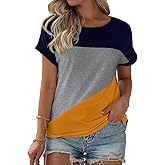 Womens Color Block Short Sleeve Tops Casual Summer T-Shirt