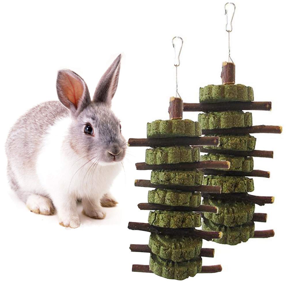 Small Animals Chew Toy, Apple Wood Chewing Sticks Branches Pet Snacks Chew Toy Hamster Snacks with Organic Grass Teeth Bows Molar Ball for Rabbits Chinchillas Guinea Pig Pillows, Pack of 2