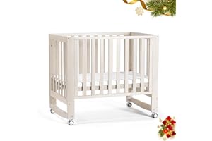 MAMAZING EvoNest Baby Crib, 6 in 1 Convertible Mini Crib with Wheels, 100% New Zealand Solid Wood Growing Bed, 4 Adjustable Mattress Height，Washed Natural