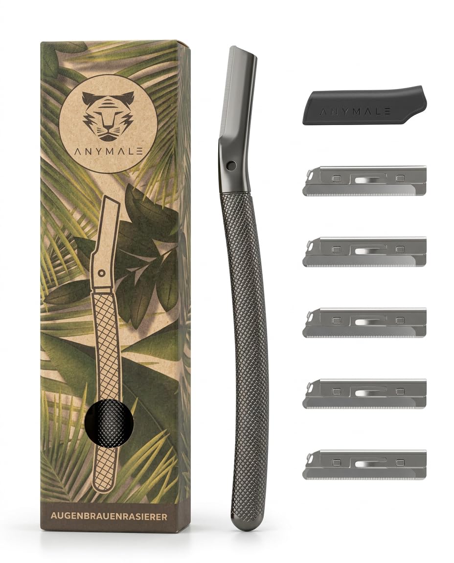 ANYMALE Eyebrow Razor with 5 Blades - Dermaplane Razor for Down Hair - Metal Face Hair Remover - Eyebrow Razor for Contours - Black